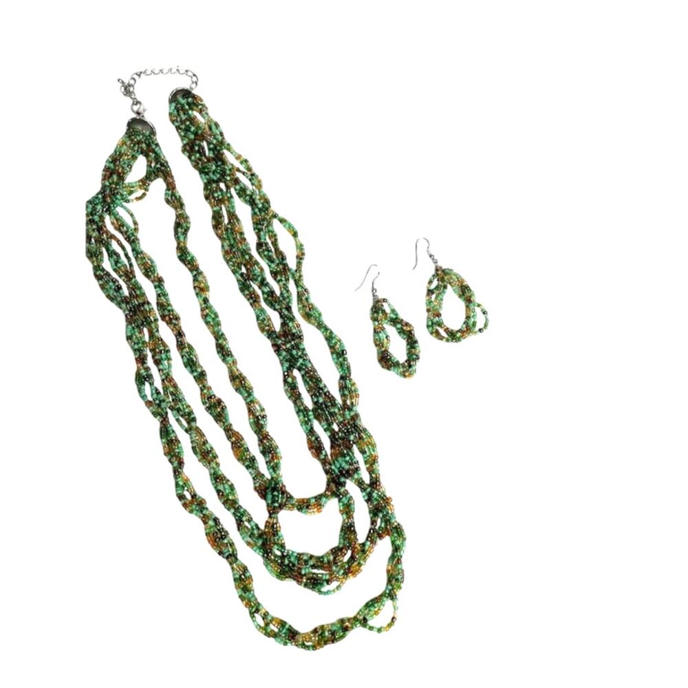 Green Beaded Necklace Earring‎ Set Multi-Strand Chunky Bold Multicolored